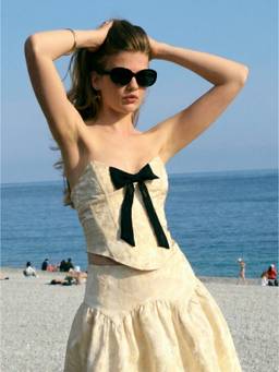 Cider - Jacquard Women's Bow Sweetheart Neck Corset Top Beige