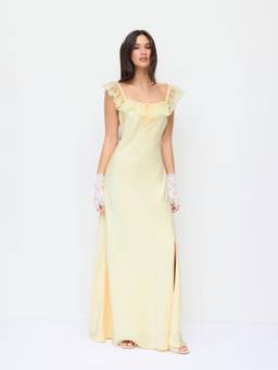 Cider - Satin Lace Ruffled Women's Square Neck Maxi Dress Yellow