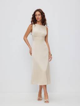Cider - Satin Women's Backless Bow Ruched A-Line Midi Dress Cream