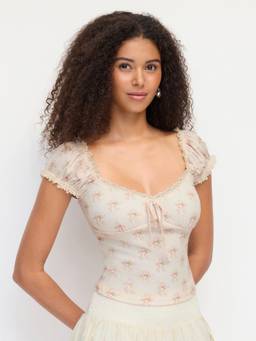 Cider - Floral Women's Sweetheart Ruched Tie-Up Crop Top Pink