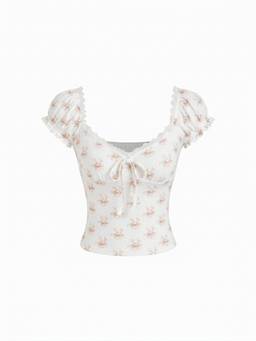 Cider - Floral Women's Ruched Sweetheart Crop Top White