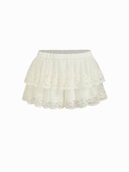 Cider - Mesh Lace Tiered Women's Mid-Rise Mini Skirt Cream