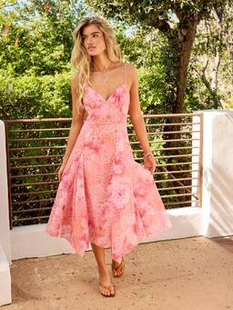 Cider - Chiffon Floral Women's Sweetheart Asymmetrical Hem Maxi Dress Pink
