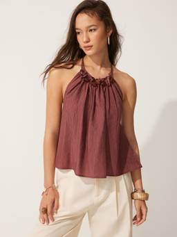 Cider - Textured Women’s Ruffled Beaded Halter Neck Top Beige