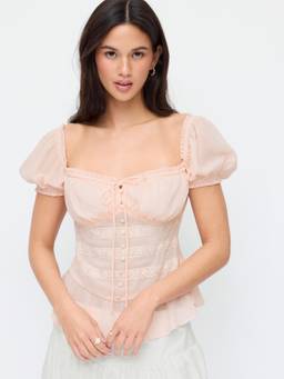 Cider - Chiffon Sweetheart Women's Puff Sleeve Ruched Peplum Blouse Pink