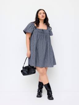 Cider - Cotton Blend Women's Plaid Square Neck Puff Sleeve Mini Dress Navy Blue
