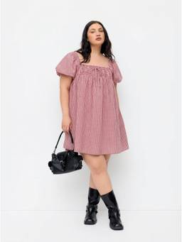 Cider - Cotton Blend Women’s Plaid Square Neck Puff Sleeve Mini Dress Red