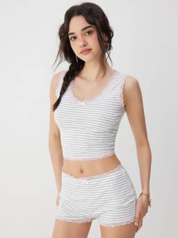 Cider - Striped Lace Trim Women Scoop Neck Co-ord Set Grey