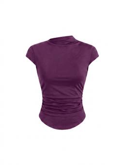 Cider - Cotton Blend Women's Ruched Stand Collar Short Sleeve T-Shirt Purple