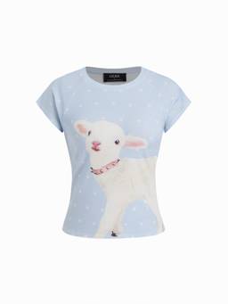 Cider - Polka Dot Women's Lamb Graphic Slim Fit Crew Neck T-Shirt Light Blue