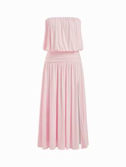 Cider - Draped Women's Strapless Ruched Side Slit Maxi Dress Pink