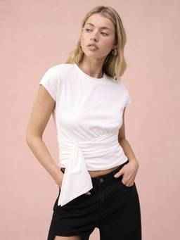 Cider - Cotton Blend Women Ruched Round Neck Top White