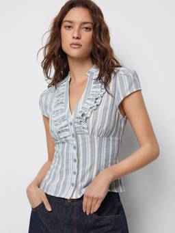 Cider - Linen Blend Women’s Striped Ruffled V-Neck Blouse Blue
