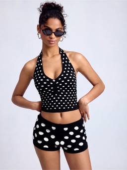 Cider - Knit Polka Dot Women’s Halter Neck Crop Top Set Black