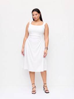 Cider - Women's Scoop Neck Ruched A-Line Midi Dress White