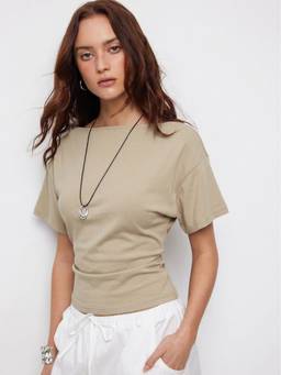 Cider - Cotton Blend Women's Regular Fit Boat Neck T-Shirt Beige