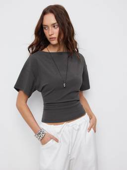 Cider - Cotton-Blend Women's Regular Fit Boat Neck T-Shirt Dark Grey
