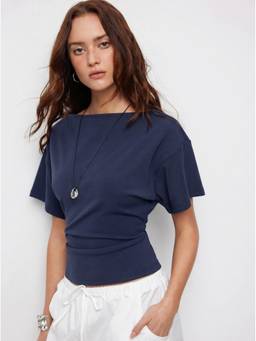 Cider - Cotton Blend Women's Regular Fit Boat Neck T-Shirt Navy Blue