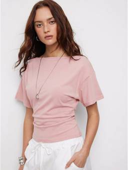 Cider - Cotton Blend Women's Regular Fit Boat Neck T-Shirt Pink
