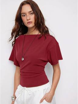 Cider - Cotton Blend Women's Regular Fit Boat Neck T-Shirt Red