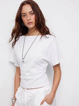 Cider - Cotton Blend Women's Regular Fit Boat Neck T-Shirt White