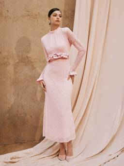 Cider - Lace Ruffle Women's Stand Collar Mermaid Maxi Dress Pink