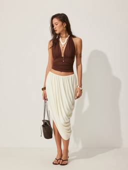 Cider - Draped Asymmetrical Women's Low Rise Bubble Hem Midi Skirt Cream