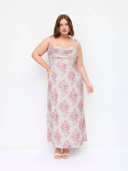 Cider - Satin Floral Women's Ruched Slip Maxi Dress Pink