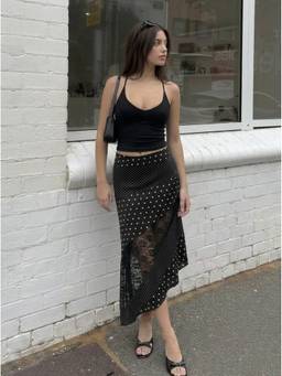 Cider - Satin Women's Low-Rise Polka Dot Lace Panel Midi Skirt Black