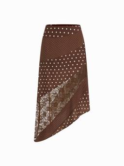 Cider - Polka Dot Women's Low Rise Lace Panel Asymmetrical Midi Skirt Brown