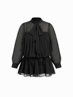 Cider - Chiffon Women's Ruffled Tie-Up Neck A-Line Mini Dress Black