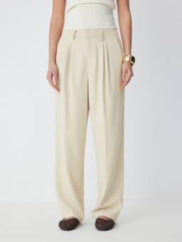 Cider - Pleated Women's Mid Waist Straight Leg Trousers Khaki