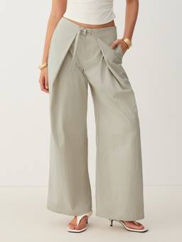 Cider - Cotton-Blend Women Low-Waist Wrap Waist Wide-Leg Trousers Khaki