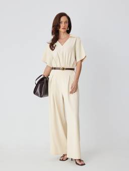 Cider - Ruched Pleated Women's Collar Wide-Leg Jumpsuit Beige