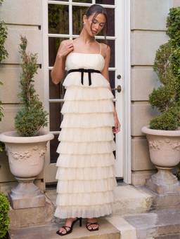 Cider - Textured Women's Ruffled Bowknot Layered Flared Maxi Dress Cream