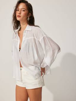 Cider - Sheer Chiffon Women Puff Sleeve Oversized Blouse White