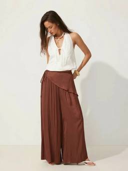 Cider - Satin Women's Mid-Rise Wrap Wide-Leg Palazzo Pants Brown