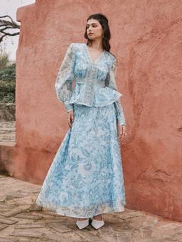 Cider - Floral Women's V-Neck Lace Panel Peplum Blouse Blue