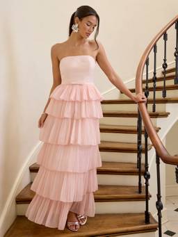 Cider - Ruffled Bandeau Women's Tiered A-Line Maxi Dress Pink