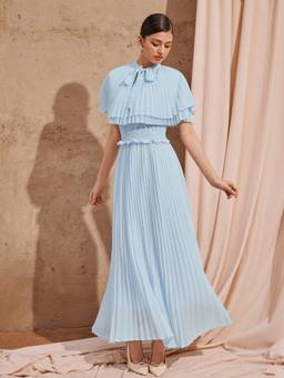 Cider - Chiffon Women's Pleated Cape Sleeve Flared Maxi Dress Sky Blue