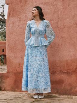 Cider - Floral Lace Panel Women's High Rise Flared Maxi Skirt Sky Blue