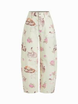 Cider - Fruit Cat Graphic Women's Mid-Rise Barrel-Leg Trousers Yellow