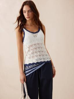 Cider - Pointelle Women's Round Neck Colorblock Oversized Tank Top Cream