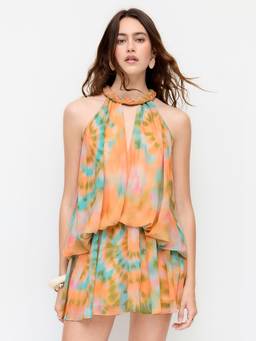 Cider - Tie Dye Women's Halter Neck Twist Knot Flared Mini Dress Orange