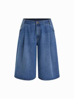Cider - Washed Denim Women's Mid-Waist Strawberry Graphic Bermuda Shorts Navy Blue