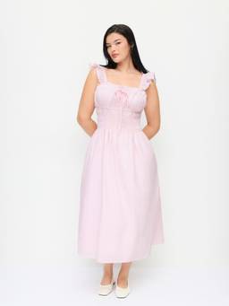 Cider - Cotton Blend Women's Striped Square Neck Shirred Midi Dress Pink