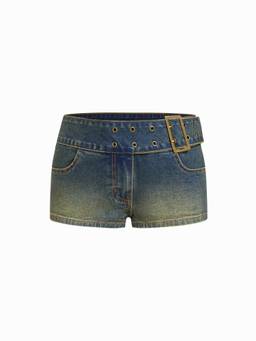 Cider - Washed Women's Low Rise Buckle Belted Denim Micro Shorts Blue
