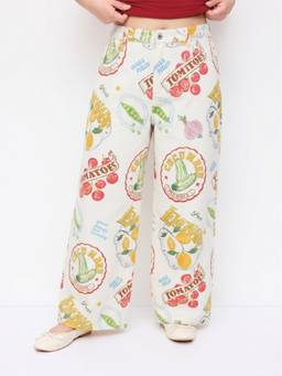 Cider - Fruit Graphic Women Mid-Waist Wide-Leg Trousers Cream