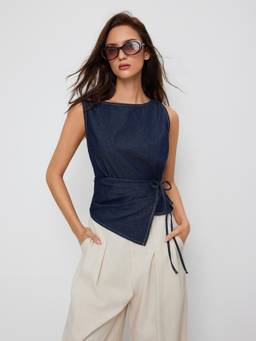 Cider - Washed Denim Women’s Boat Neck Wrap Tie Vest Indigo