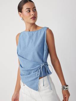 Cider - Washed Denim Women’s Sleeveless Boat Neck Wrap Vest Top Blue